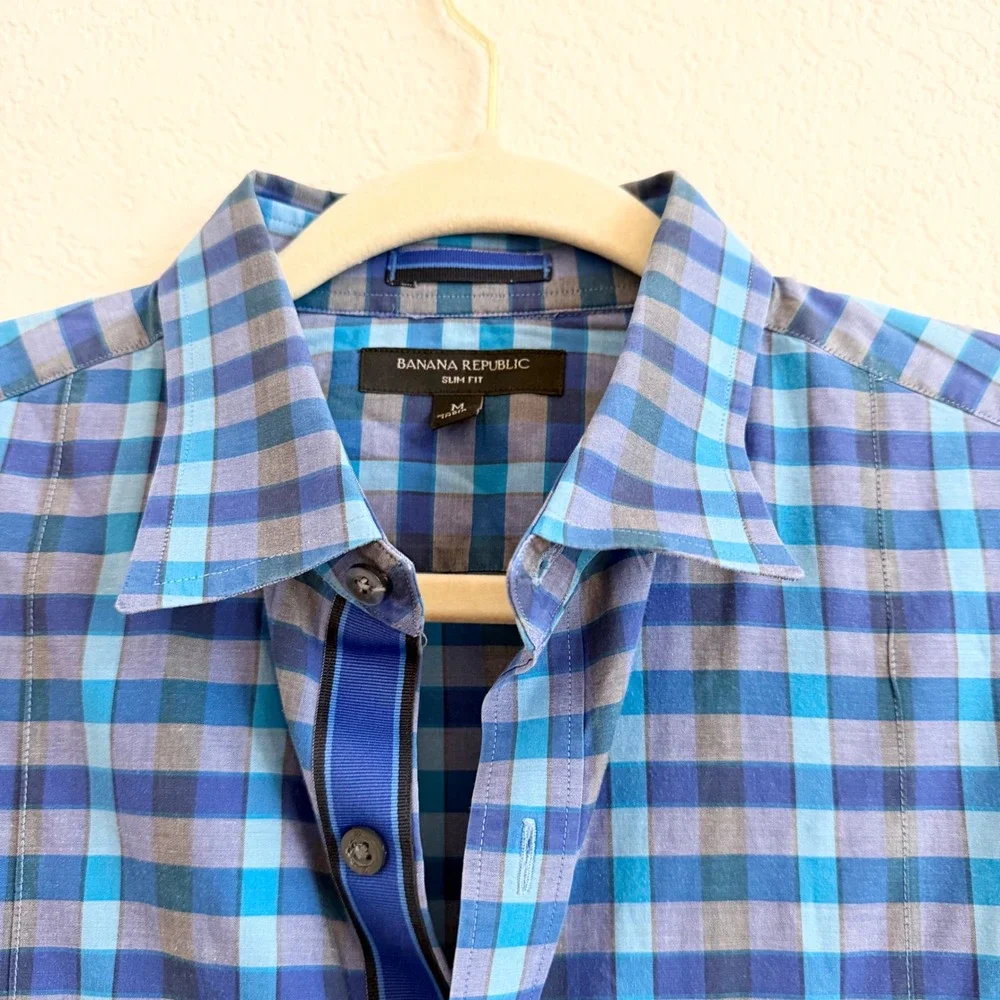 Banana Republic Mens Slim Fit Plaid Button Down Shirt Blue Grey Medium M Long Sl